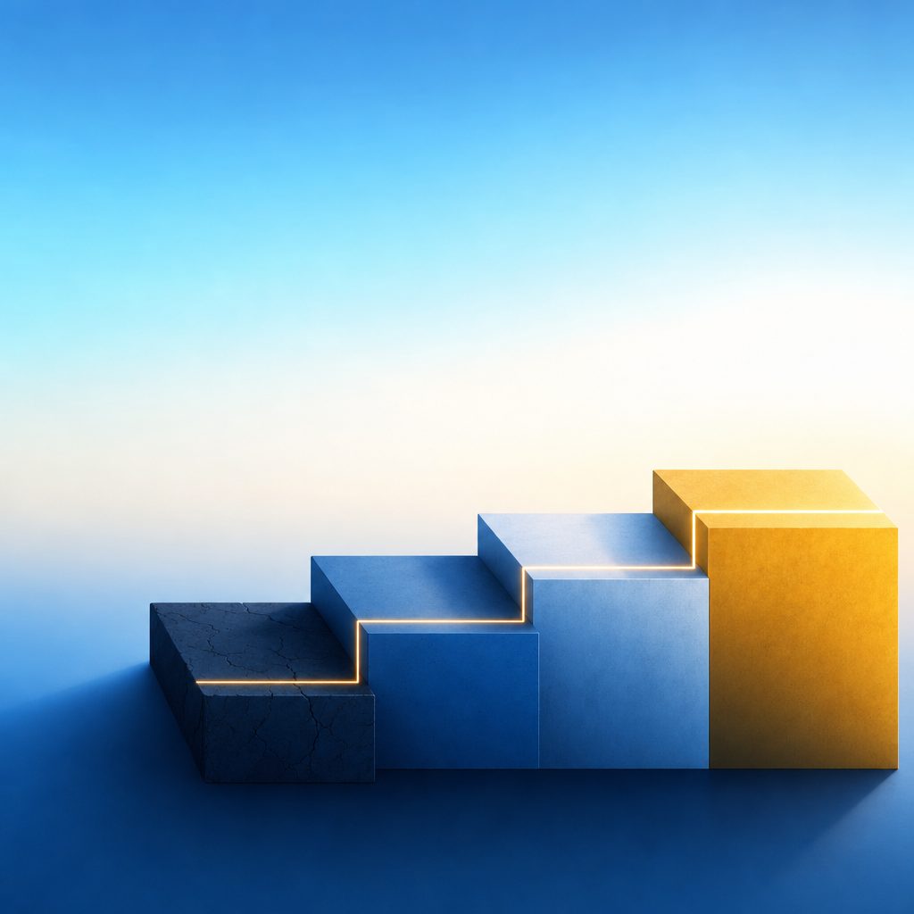 Four ascending steps from cracked stone to gold, joined by one unbroken line of light